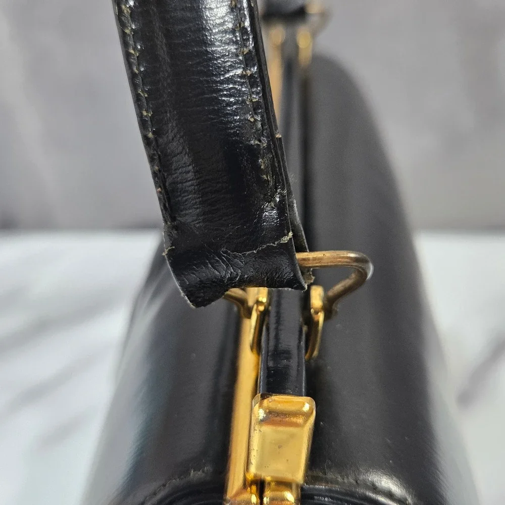 VTg 50s 60s Black Leather Kelly Frame Handbag Top Handle Purse Canada Mad Men